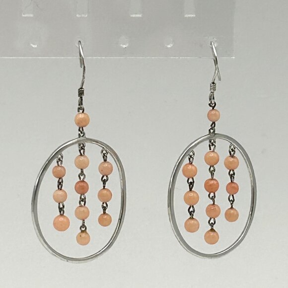 Vintage Sterling Silver 925 Hoop Earrings Peach Coral Bead Dangles Boho - Picture 6 of 10